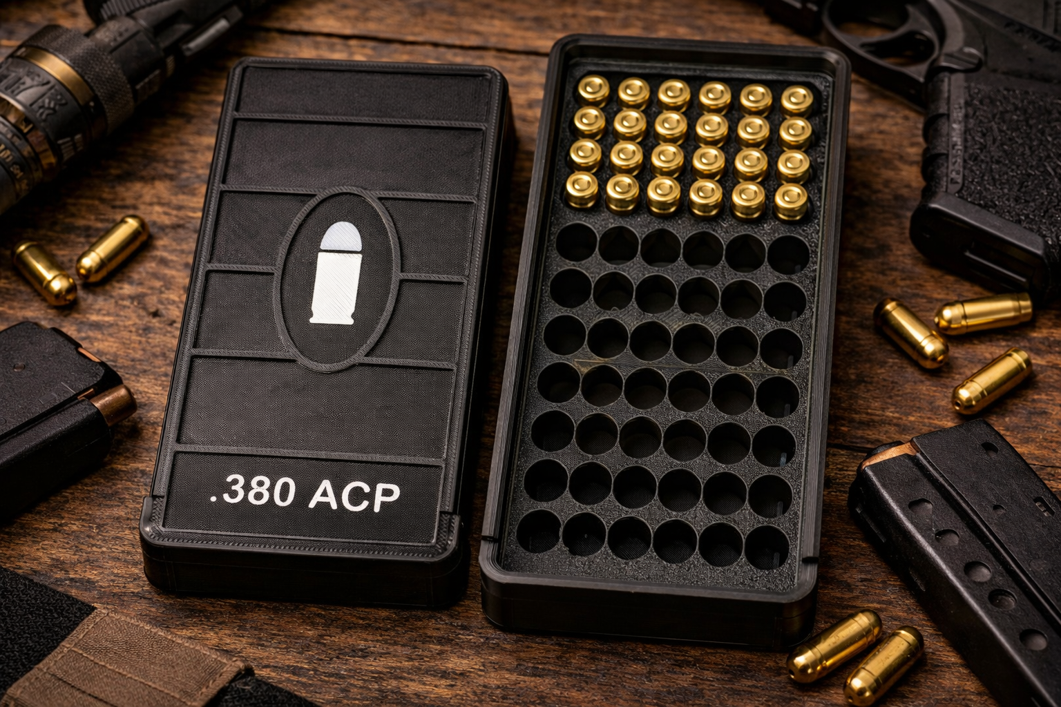 50 Round .380 ACP Ammo Box In OD Black & White 3D Printed Sliding Lock Case