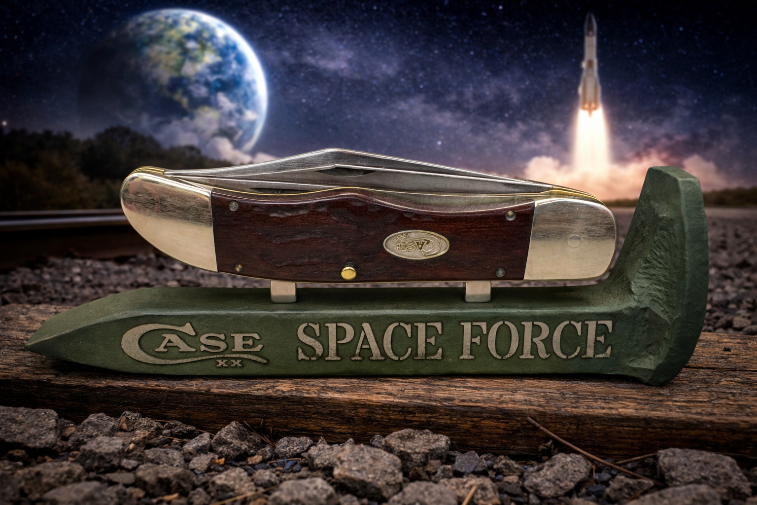 US Space Force Railroad Spike Knife Display – OD Green Case XX Engraved Stand w/ Magnetic Holder – Authentic Retired Alabama Rail Spike