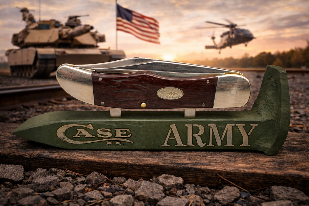 US Army Railroad Spike Knife Display – OD Green Case XX Engraved Stand w/ Magnetic Holder – Authentic Retired Alabama Rail Spike