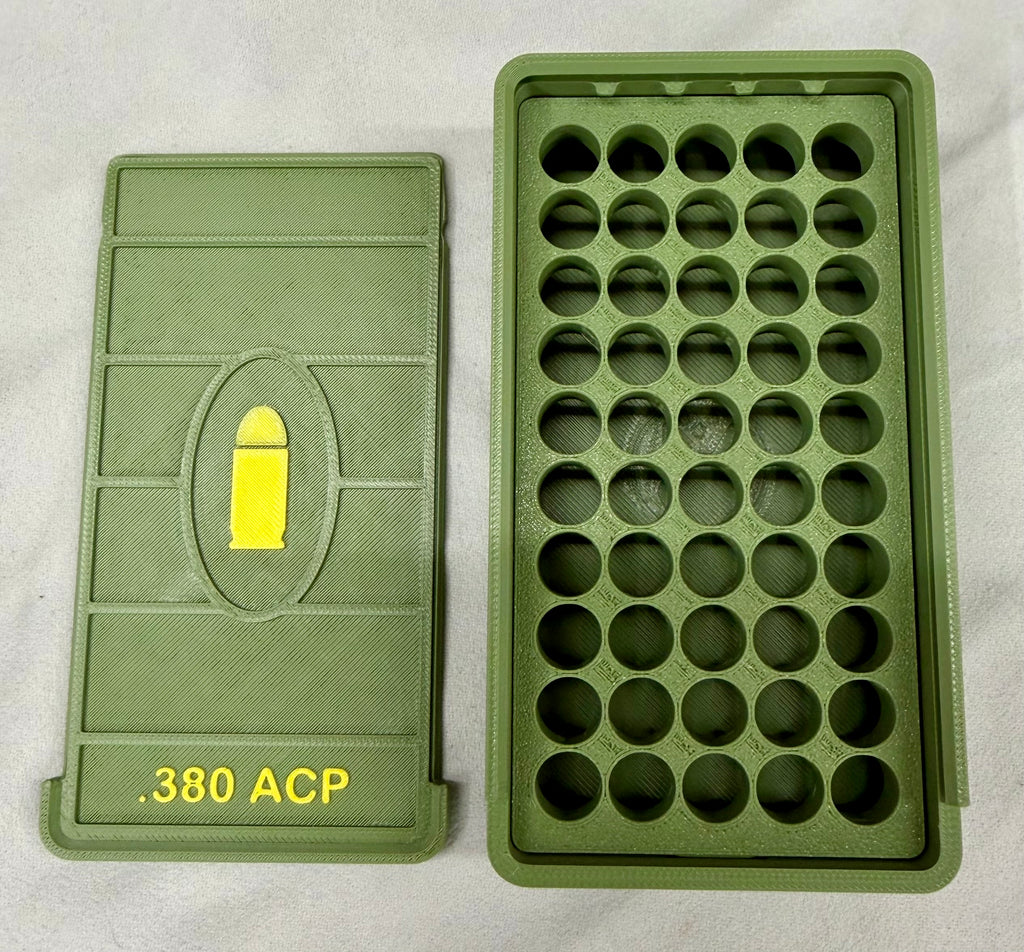 50 Round .380 ACP Ammo Box In OD Green & Yellow 3D Printed Sliding Lock Case