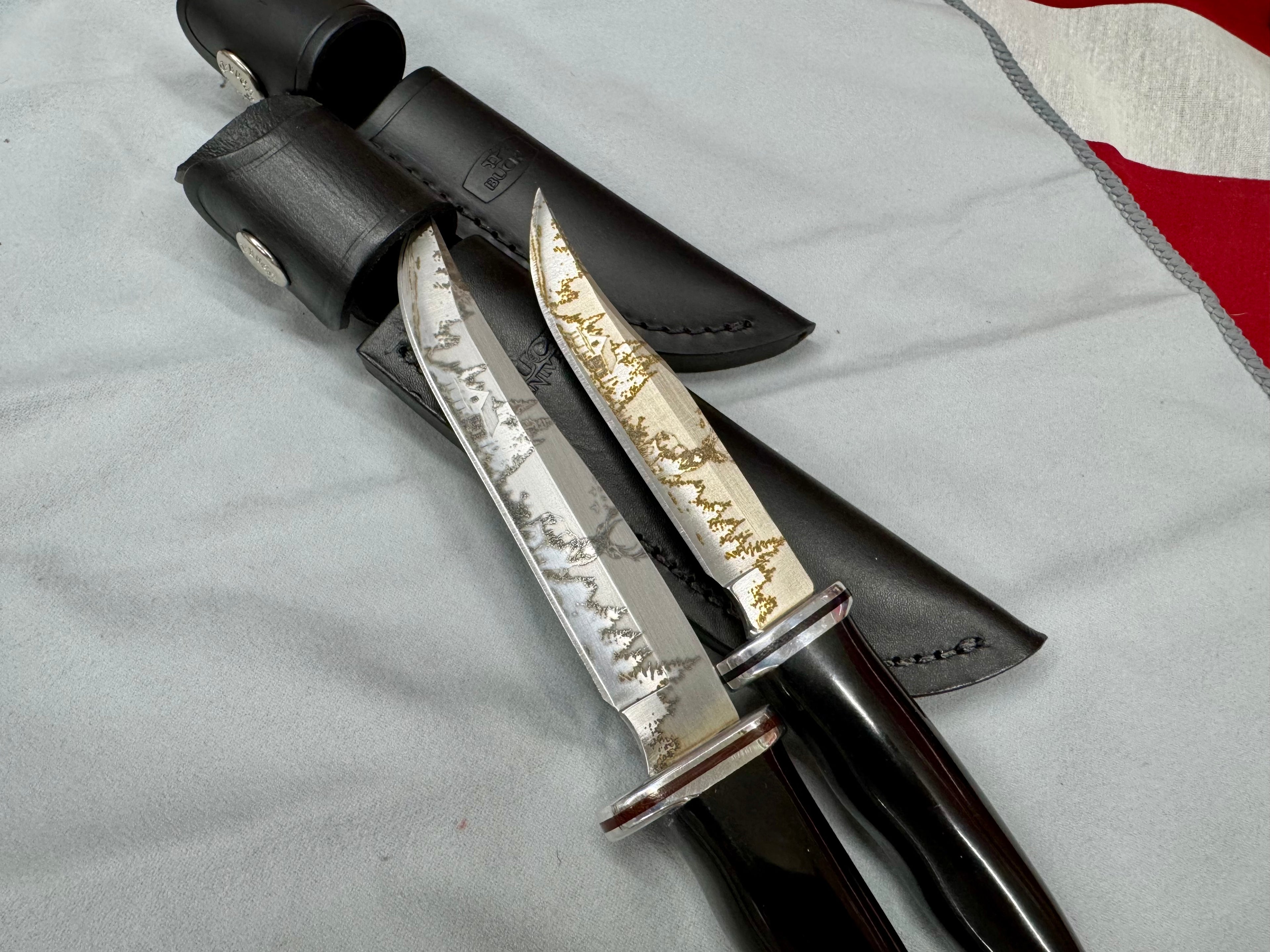 Custom Buck 102 & 105 Knife Set – Cabin, Forest & Whitetail Laser Engraved Blades