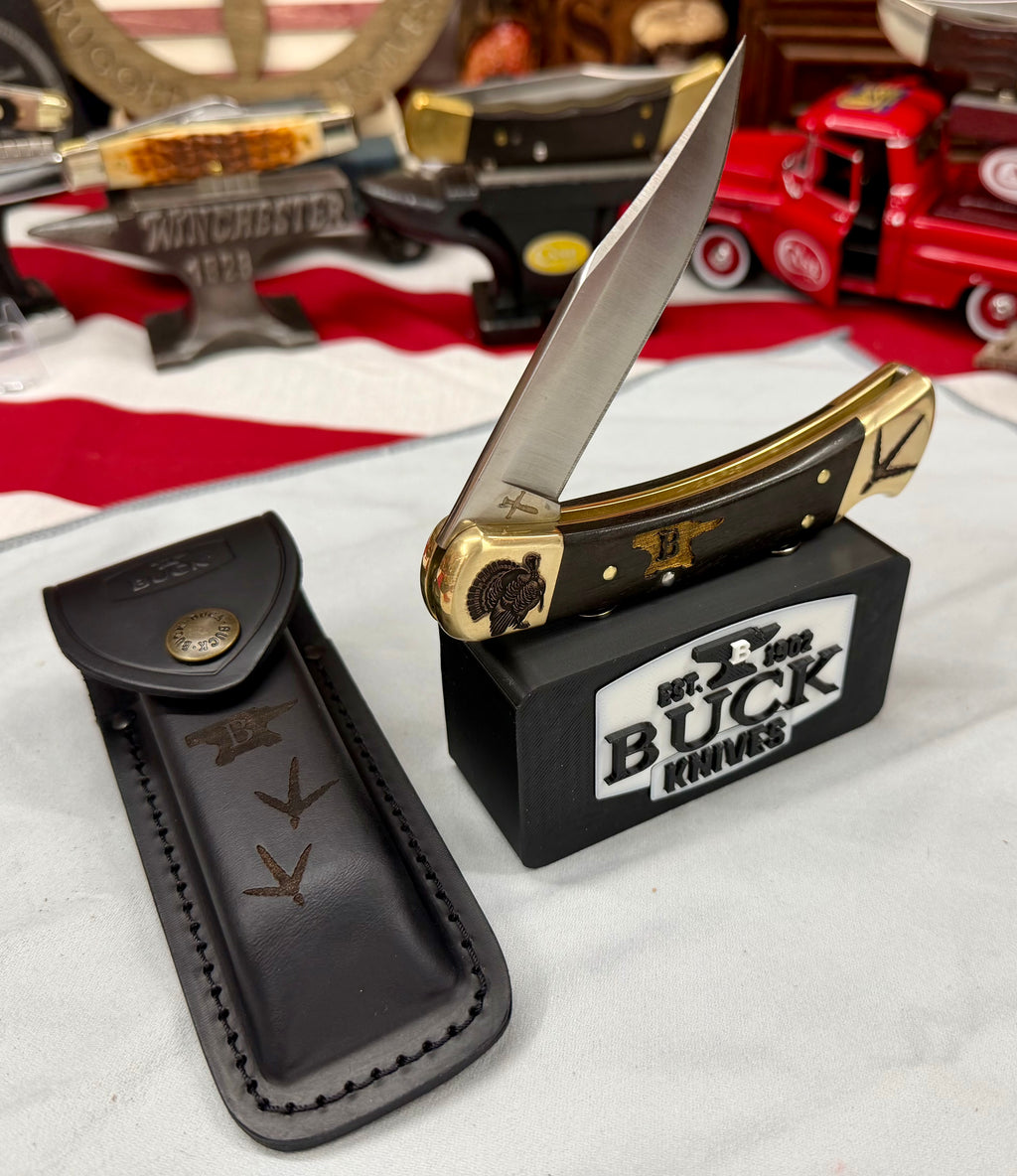 Custom Engraved Buck 110 “Turkey Hunter Edition” – Laser Finished Bolsters, Anvil Handles & Matching Leather Sheath