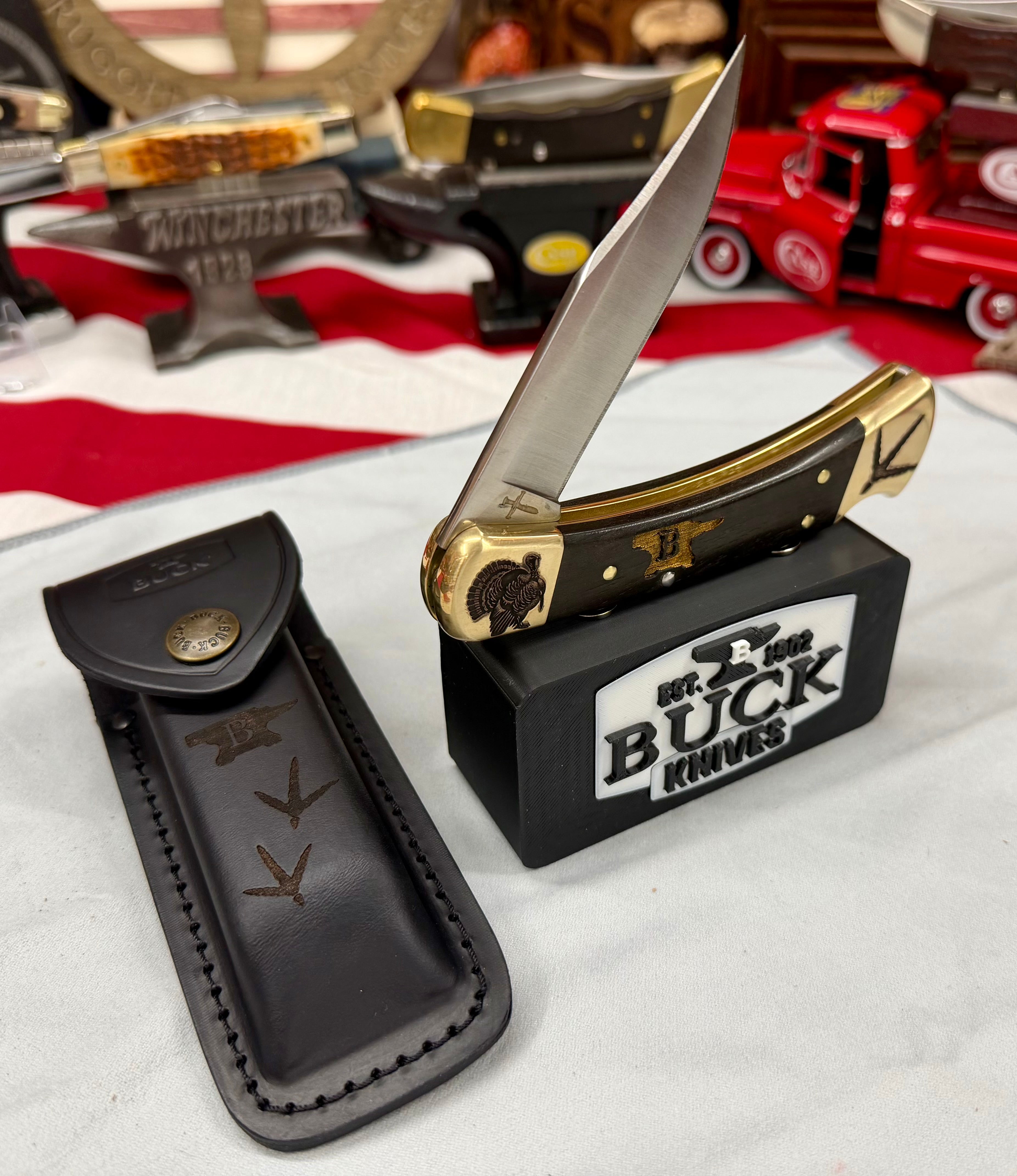 Custom Engraved Buck 110 “Turkey Hunter Edition” – Laser Finished Bolsters, Anvil Handles & Matching Leather Sheath