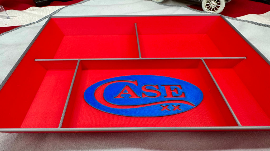 Case XX EDC Dump Tray – 3D Printed Valet Tray Organizer (Red/Blue/Grey) – Knife, Wallet & Pocket Carry Storage – 8x10 Display Tray