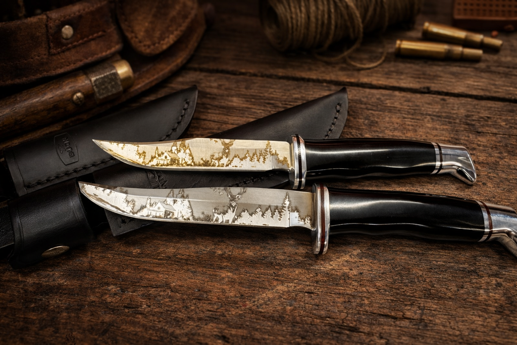 Custom Buck 102 & 105 Knife Set – Cabin, Forest & Whitetail Laser Engraved Blades