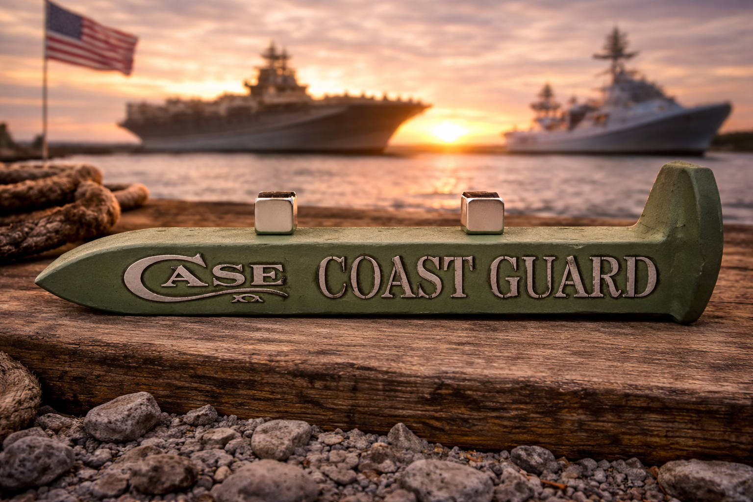 US Coast Guard Railroad Spike Knife Display – OD Green Case XX Engraved Stand w/ Magnetic Holder – Authentic Retired Alabama Rail Spike