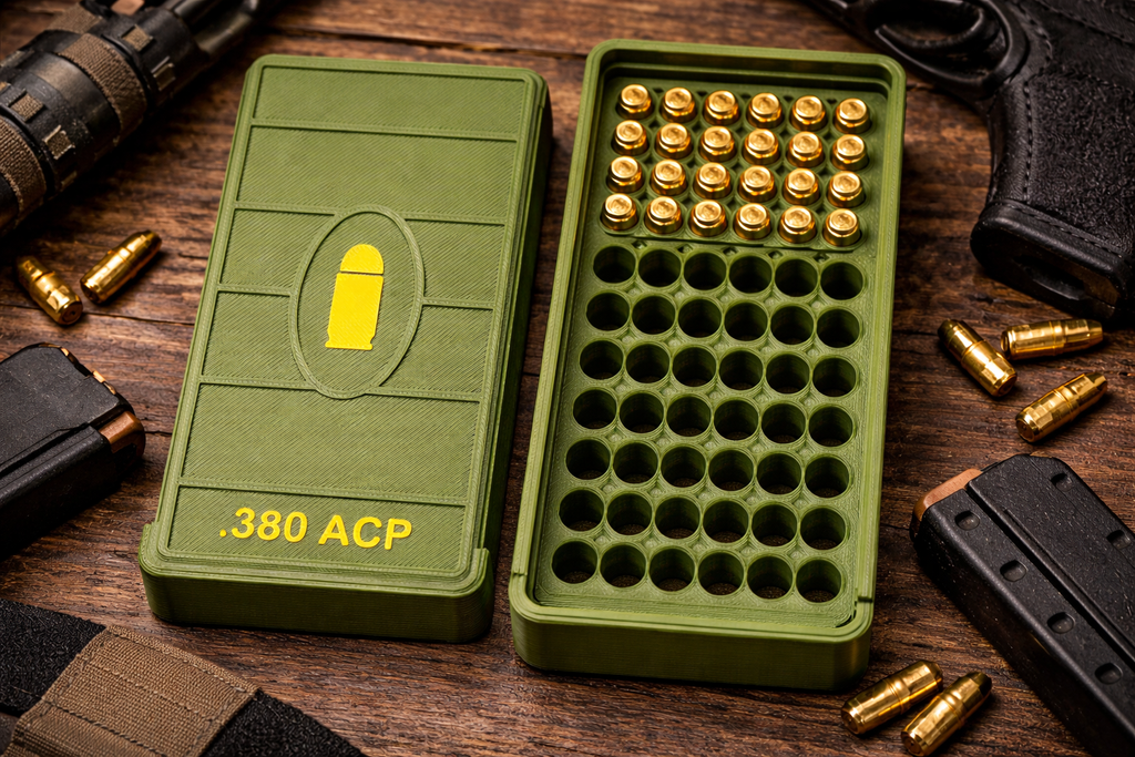 50 Round .380 ACP Ammo Box In OD Green & Yellow 3D Printed Sliding Lock Case