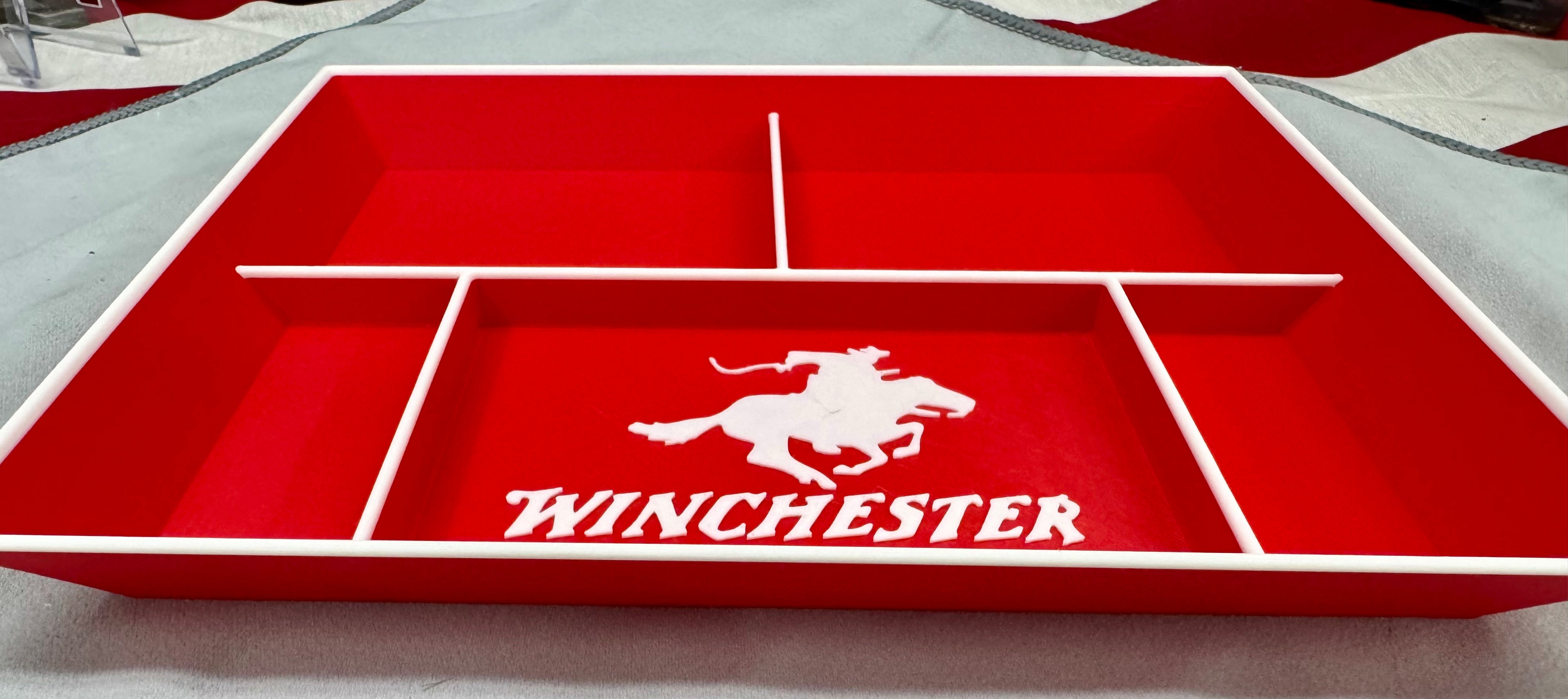 3D Printed Winchester Valet Tray – Red & White Catch-All Organizer w/ 5 Compartments for EDC, Keys & Pocket Dump
