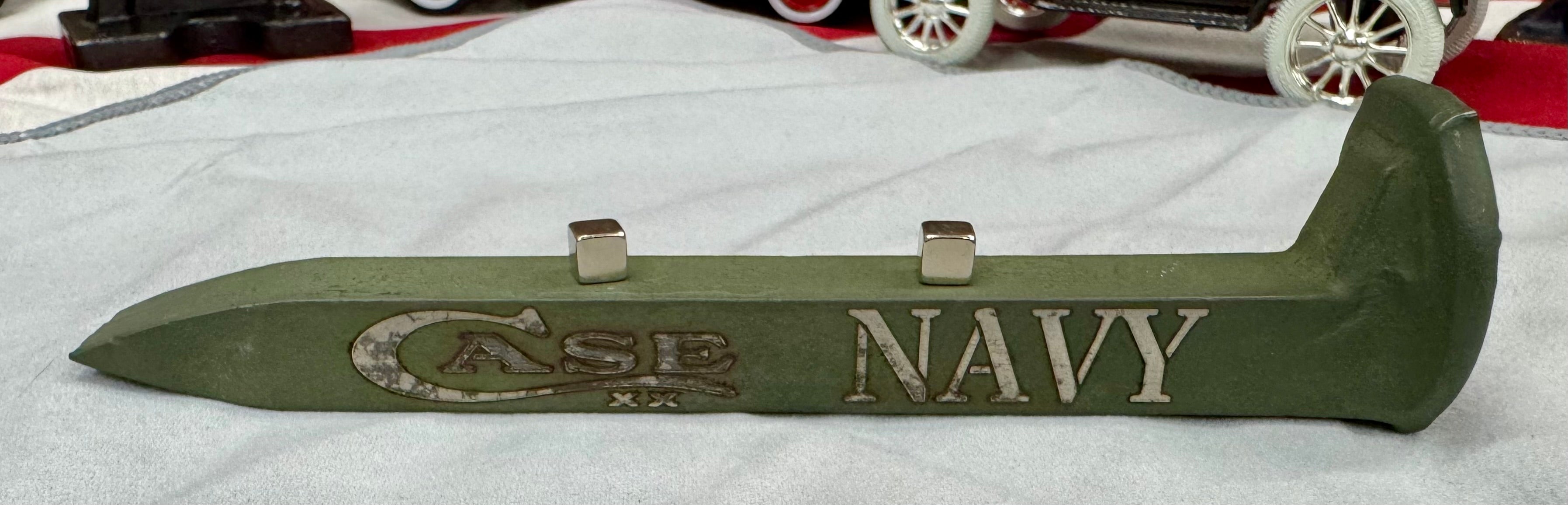 US Navy Railroad Spike Knife Display – OD Green Case XX Engraved Stand w/ Magnetic Holder – Authentic Retired Alabama Rail Spike