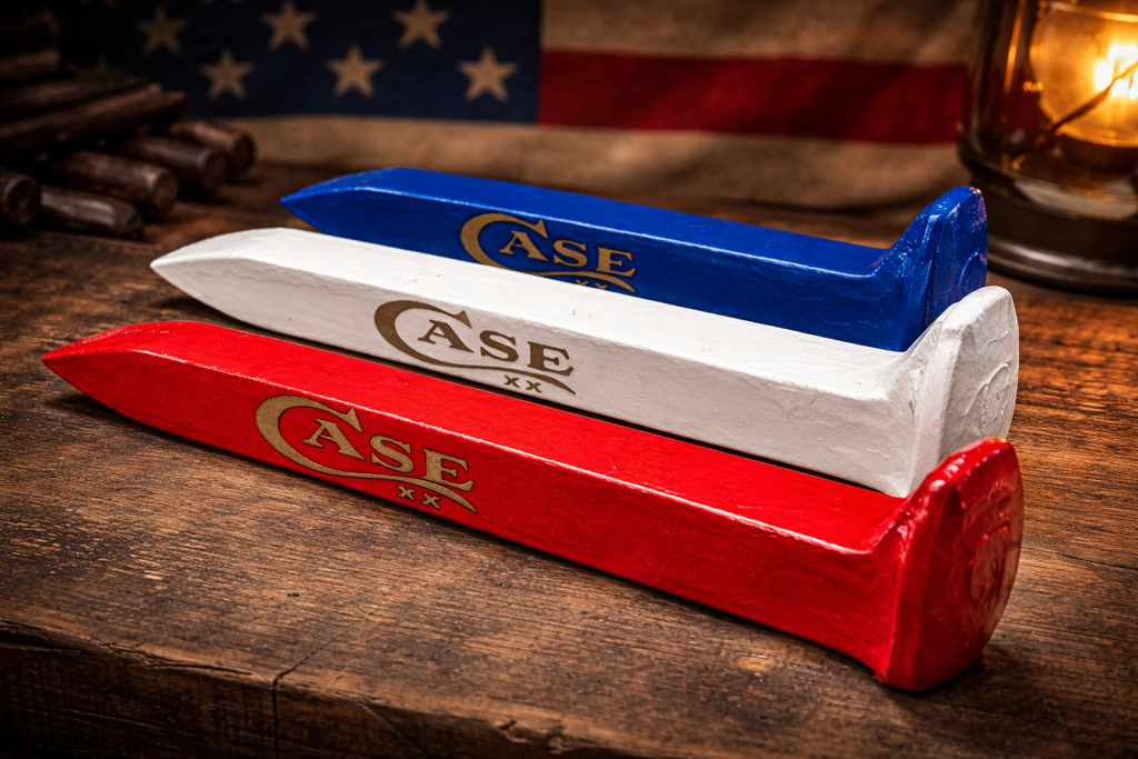 Case XX Railroad Spike Knife Display Set – Red White & Blue Patriotic EDC Holders with Magnetic Retention – Repurposed Alabama Rail Spikes (3 Piece Set)