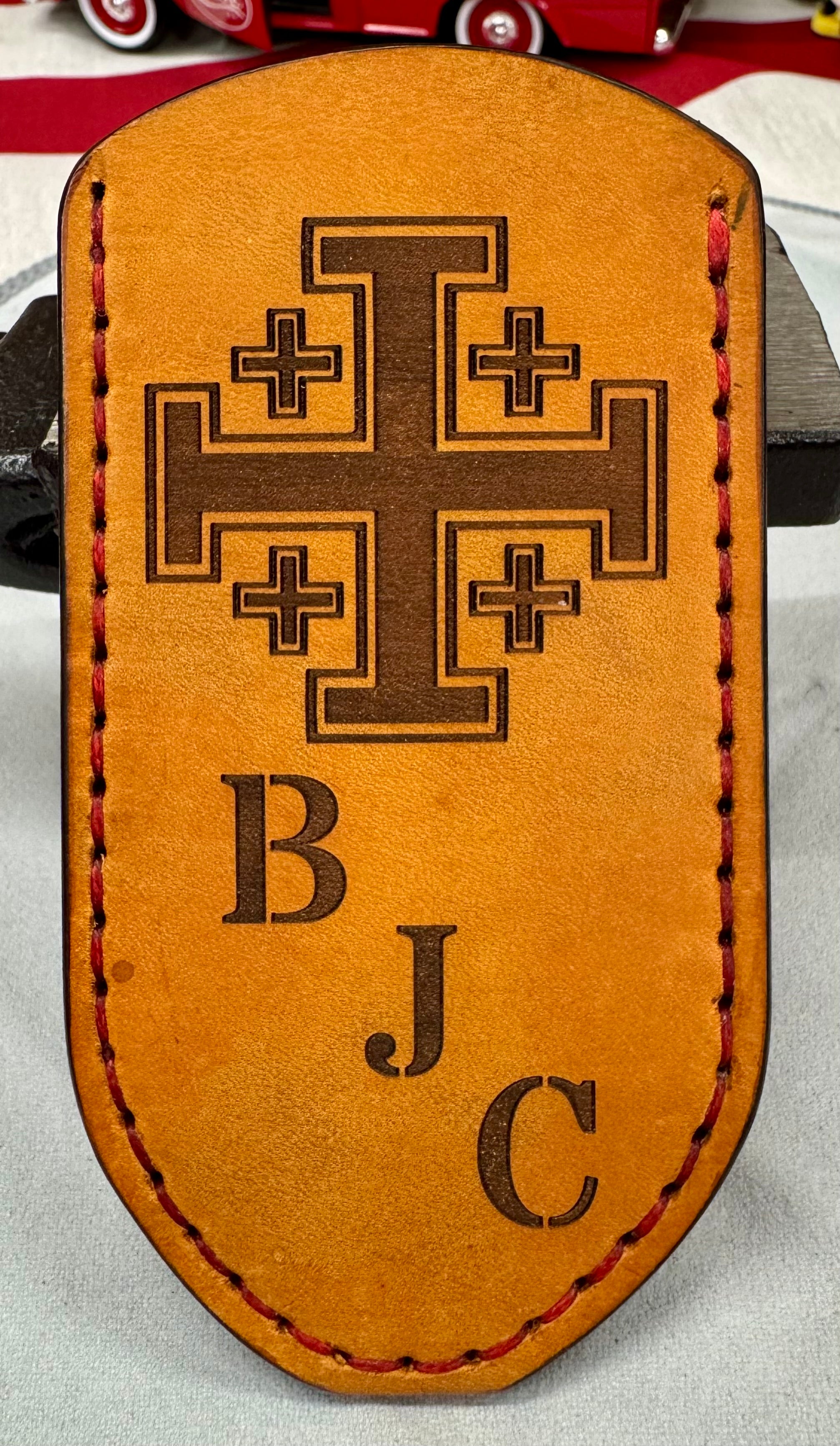 Custom Jerusalem Cross Leather Pocket Knife Slip – Handmade & Personalized