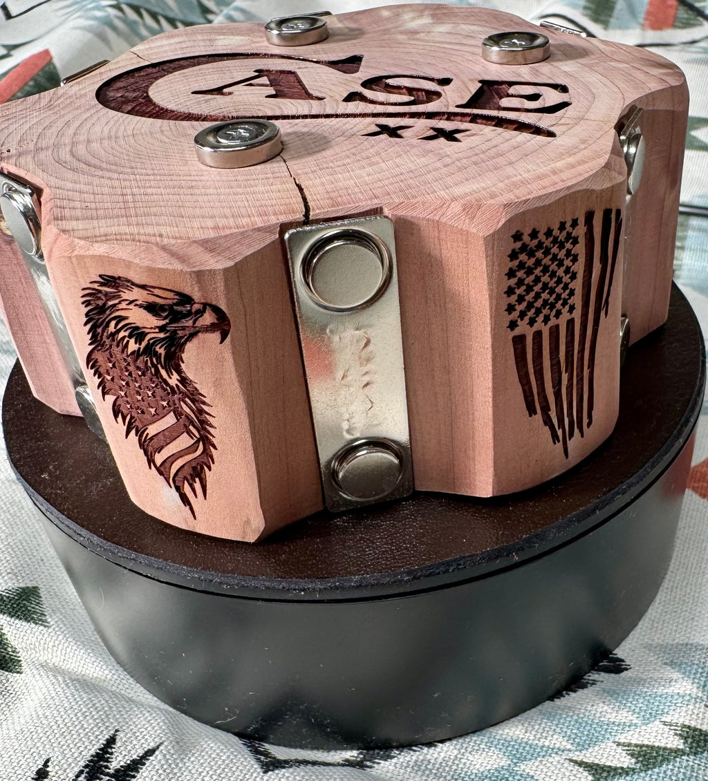 Handcrafted Rotating Cedar Case XX Collector Display – Patriotic 6 Knife Stand (One of a Kind)